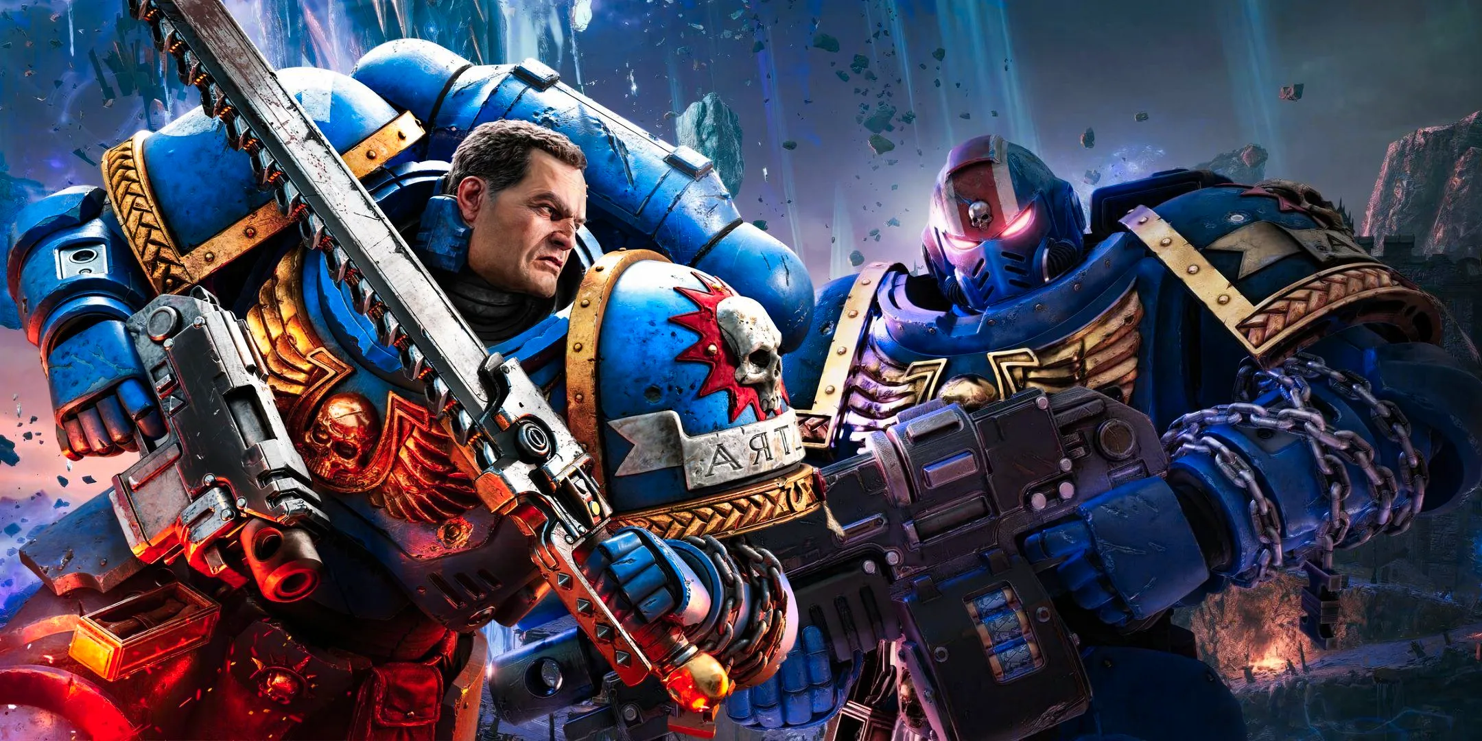 Titus with a chainsword and pistol from Warhammer 40,000: Space Marine 2 next to an Ultramarine. Image