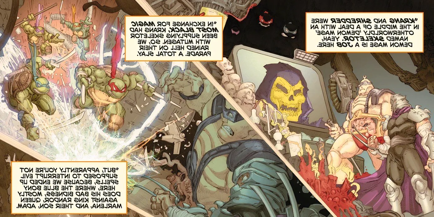 TMNT attacking Shredder and Krang while the villains were plotting with Skeletor.  Image