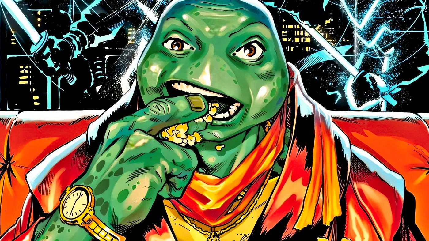 TMNT's Michelangelo sitting on a couch, eating popcorn. Image