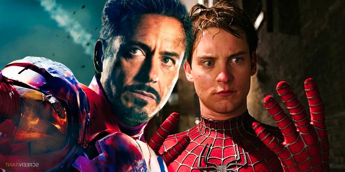 Tobey Maguire's Spider-Man and Robert Downey Jr.'s Iron Man, both unmasked Image