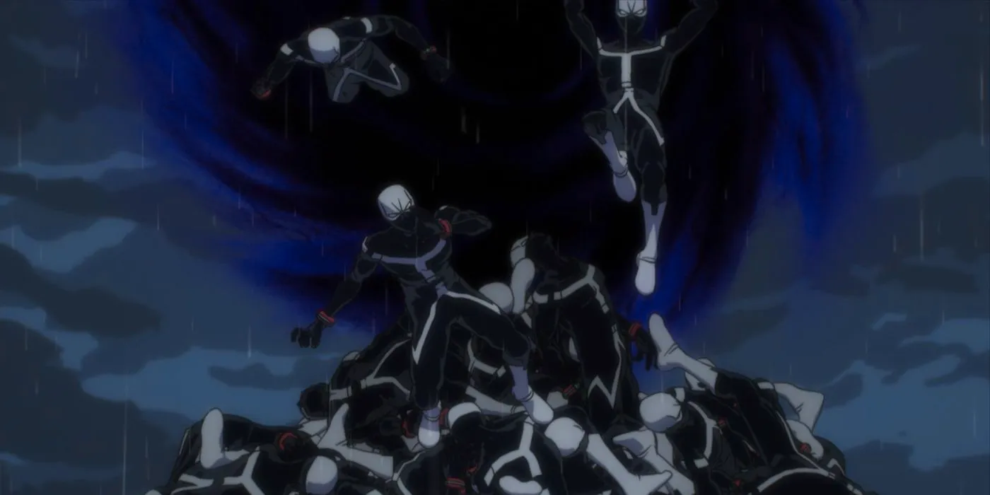 Toga and her clones are teleported by Kurogiri to Hawks' location. Image