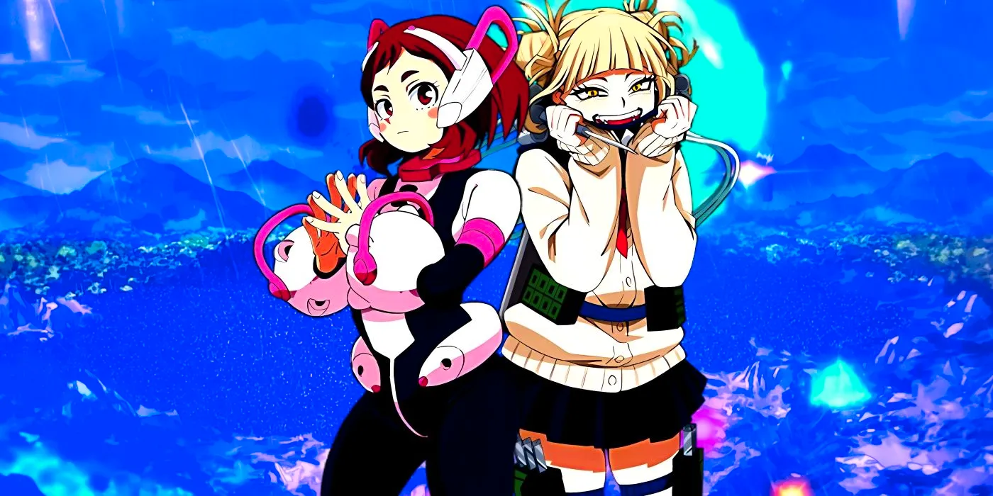 Toga and Uraraka standing side by side. Behind them, the battlefield after Toga activates Twice's Quirk can be seen.  Image