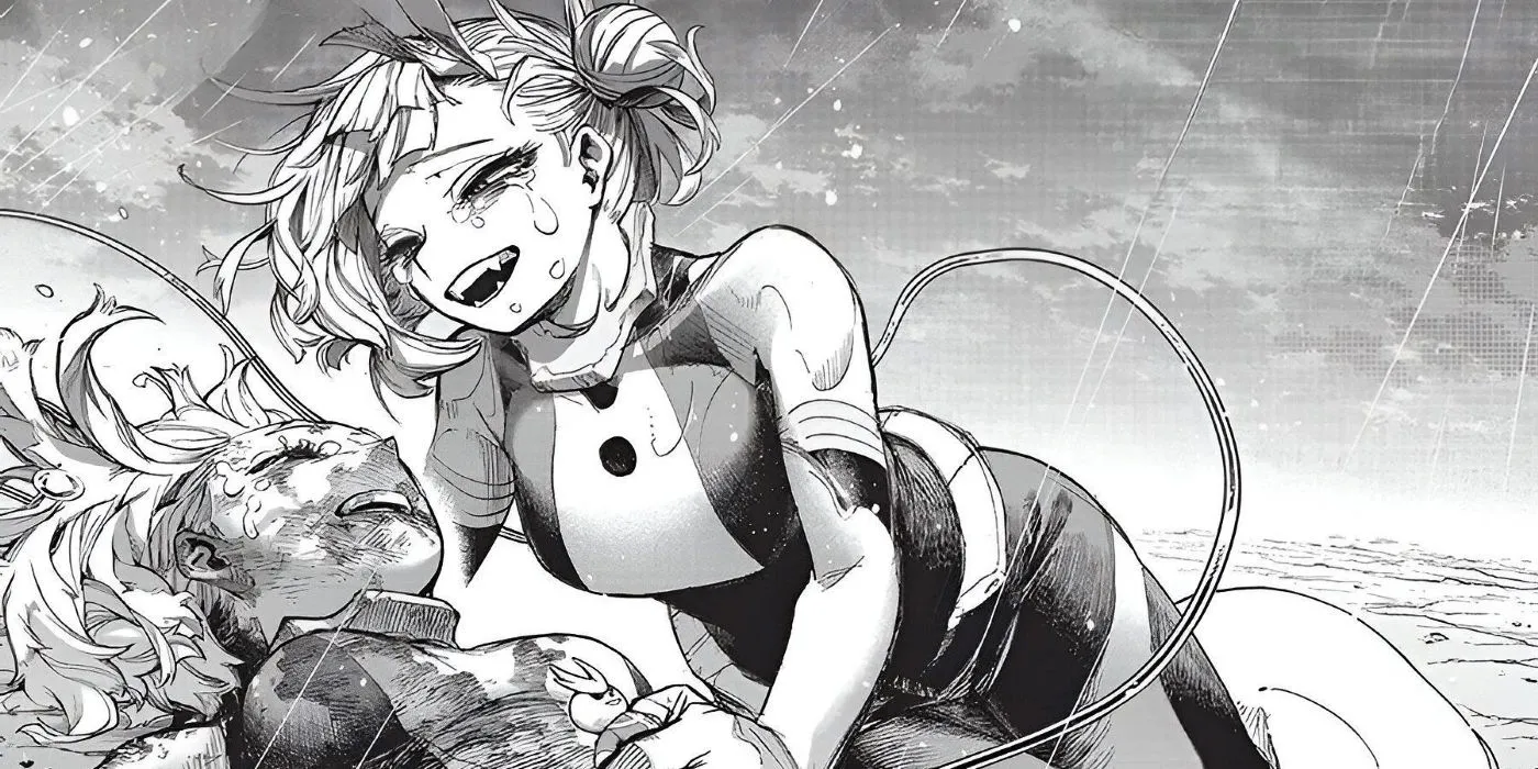 Toga saves Uraraka from dying by sacrificing herself and giving her blood.  Image