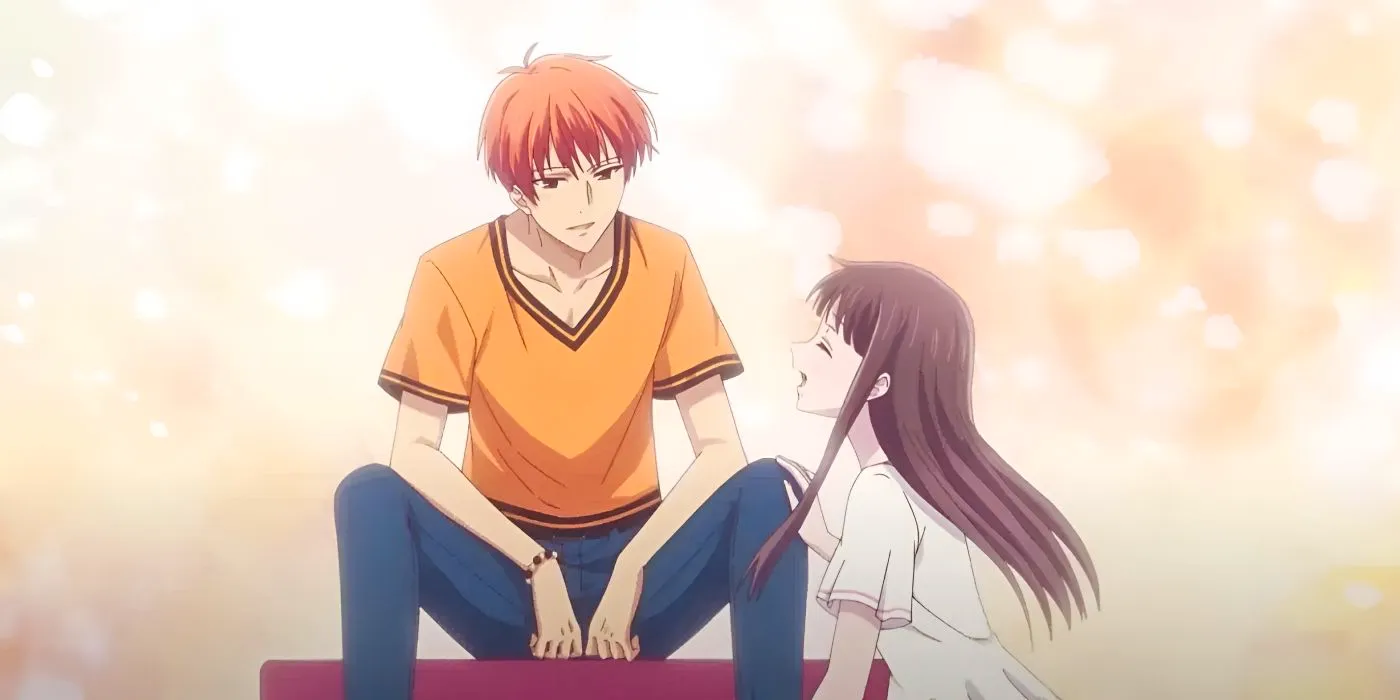 Tohru smiles up at Kyo as he looks fondly at her from Fruits Basket. Image