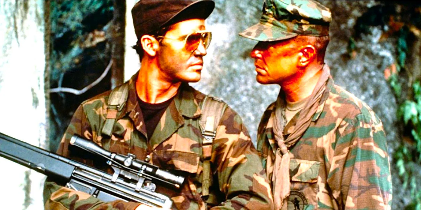 Tom Berenger and Billy Zane wear military fatigues and strike a confrontational pose in Sniper Image