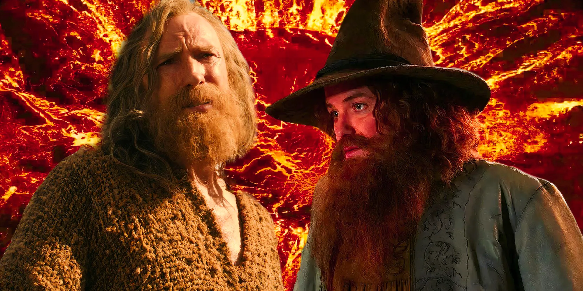 Tom Bombadil and The Stranger as seen in The Rings of Power season 2 (2024) atop an image of The Stranger's vision of fire Image