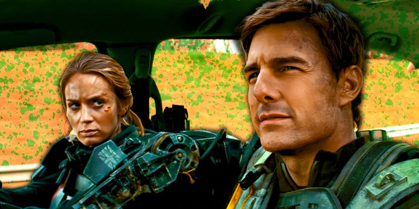 Tom Cruise and Emily Blunt in Edge of Tomorrow riding in a car with a composite background of green and orange dots Image