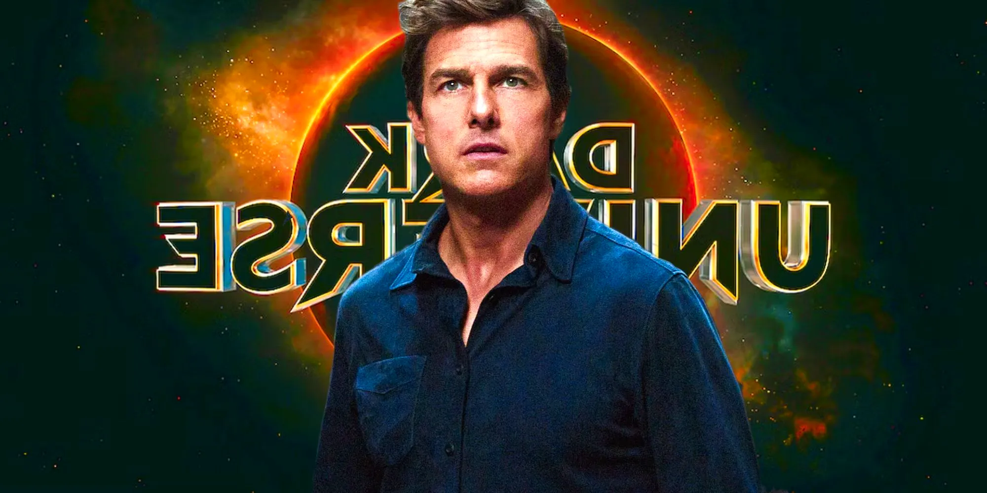 Tom Cruise from The Mummy in front of the Dark Universe logo Image