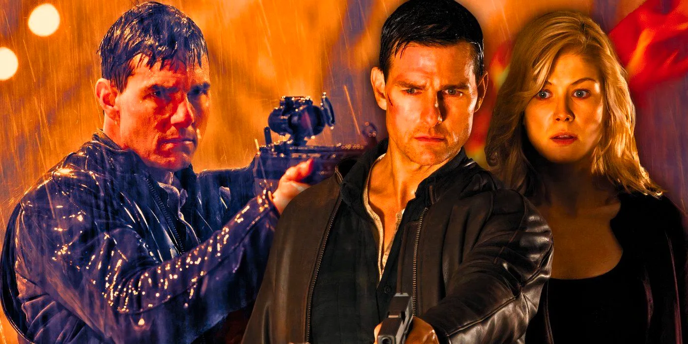 Tom Cruise in Jack Reacher with guns alongside Rosamund Pike Image