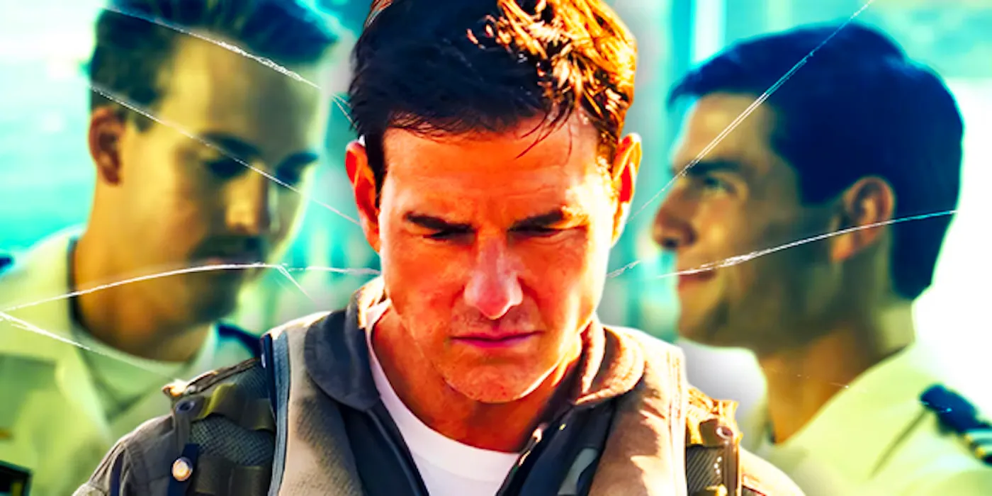 Tom Cruise's Maverick from Top Gun Maverick in front of Maverick and Goose in Top Gun Image