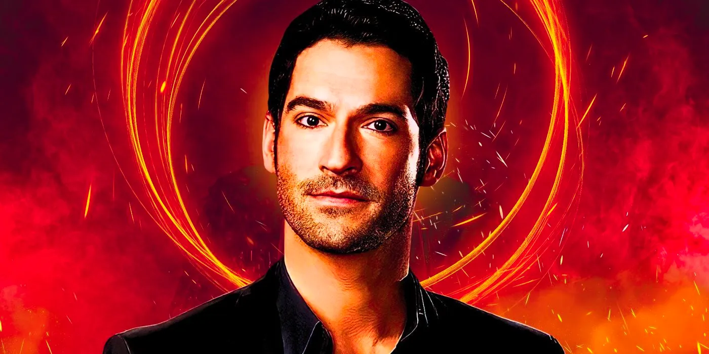 Tom Ellis as Lucifer with gold and red behind him Image