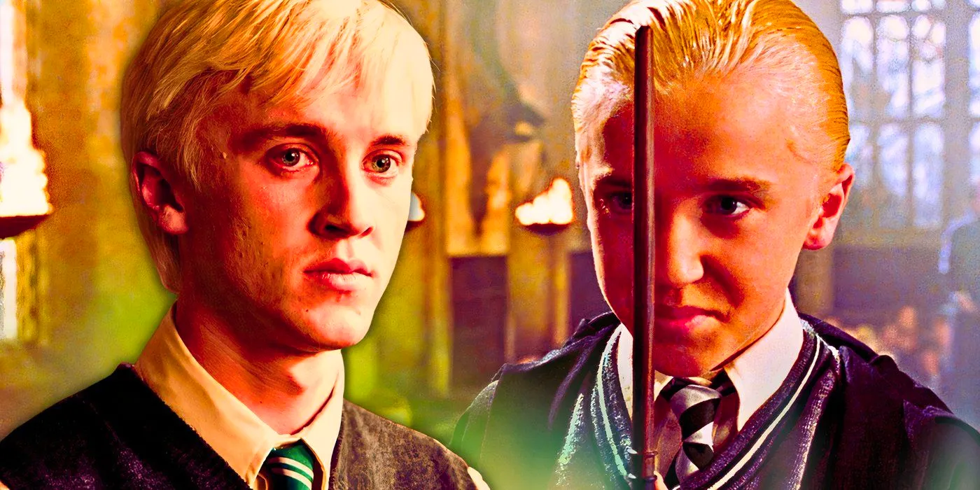 Tom Felton as Draco Malfoy in Harry Potter in his Slytherin Hogwarts uniform. Image