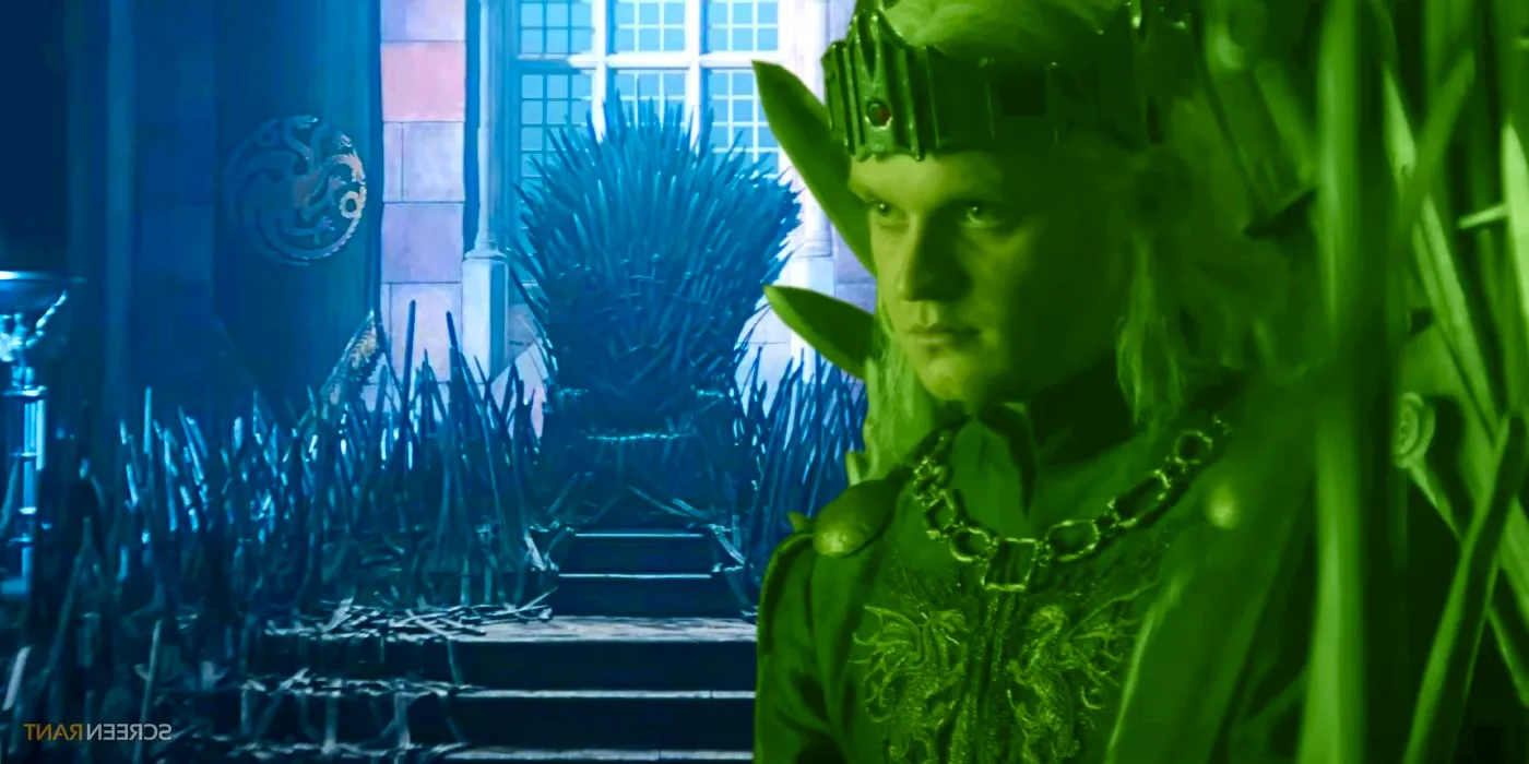 Tom Glynn-Carney as King Aegon on the Iron Throne in House of the Dragon season 2, shaded in green, with another image of the Iron Throne and Targaryen banners Image