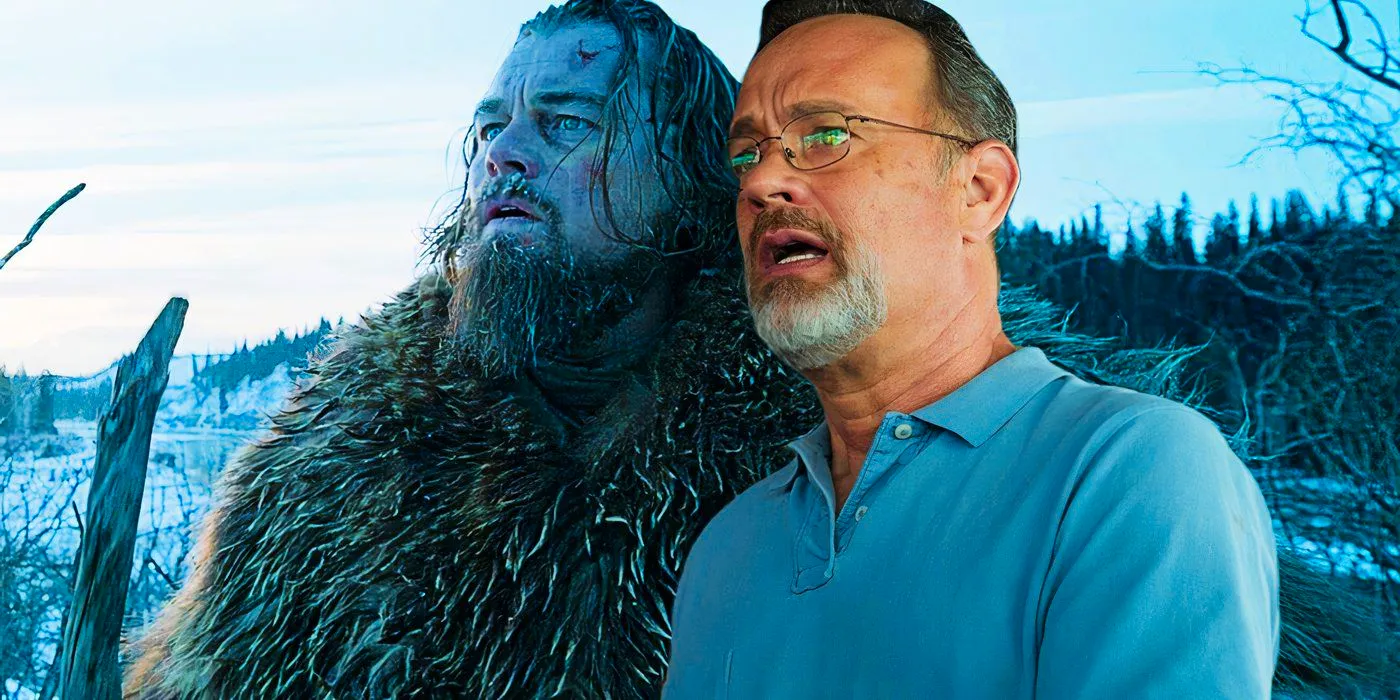 Tom Hanks in Captain Phillips and Leonardo DiCaprio in The Revenant, both with alarmed expressions Image