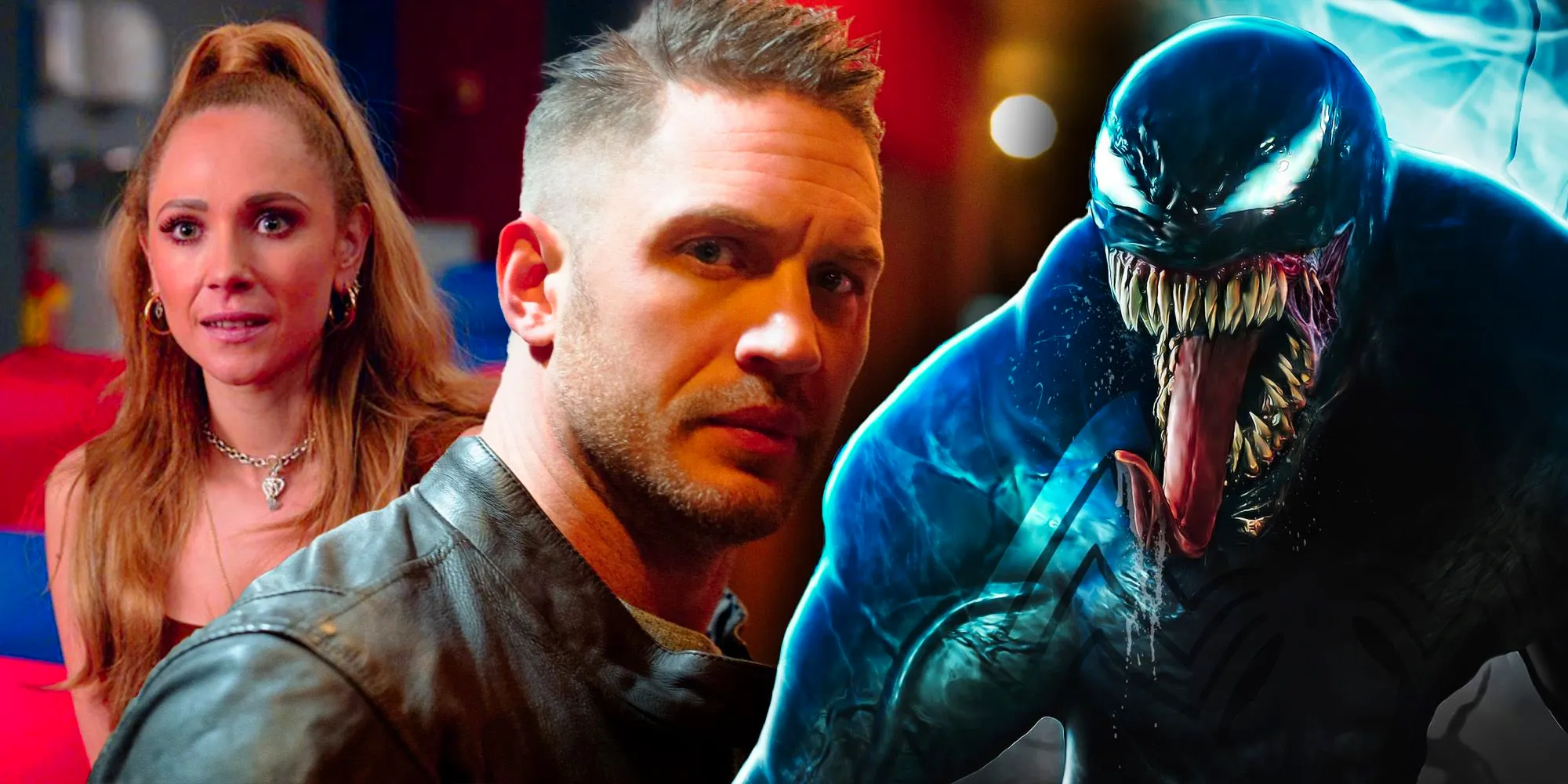 Tom Hardy and Juno Temple next to an image of Venom Image