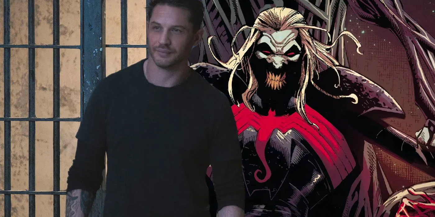 Tom Hardy as Eddie Brock over an image of Knull Image