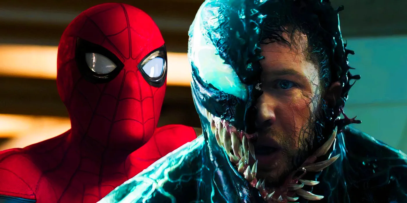 Tom Hardy's Eddie Brock in Venom and Tom Holland's Spider-Man in the MCU Image