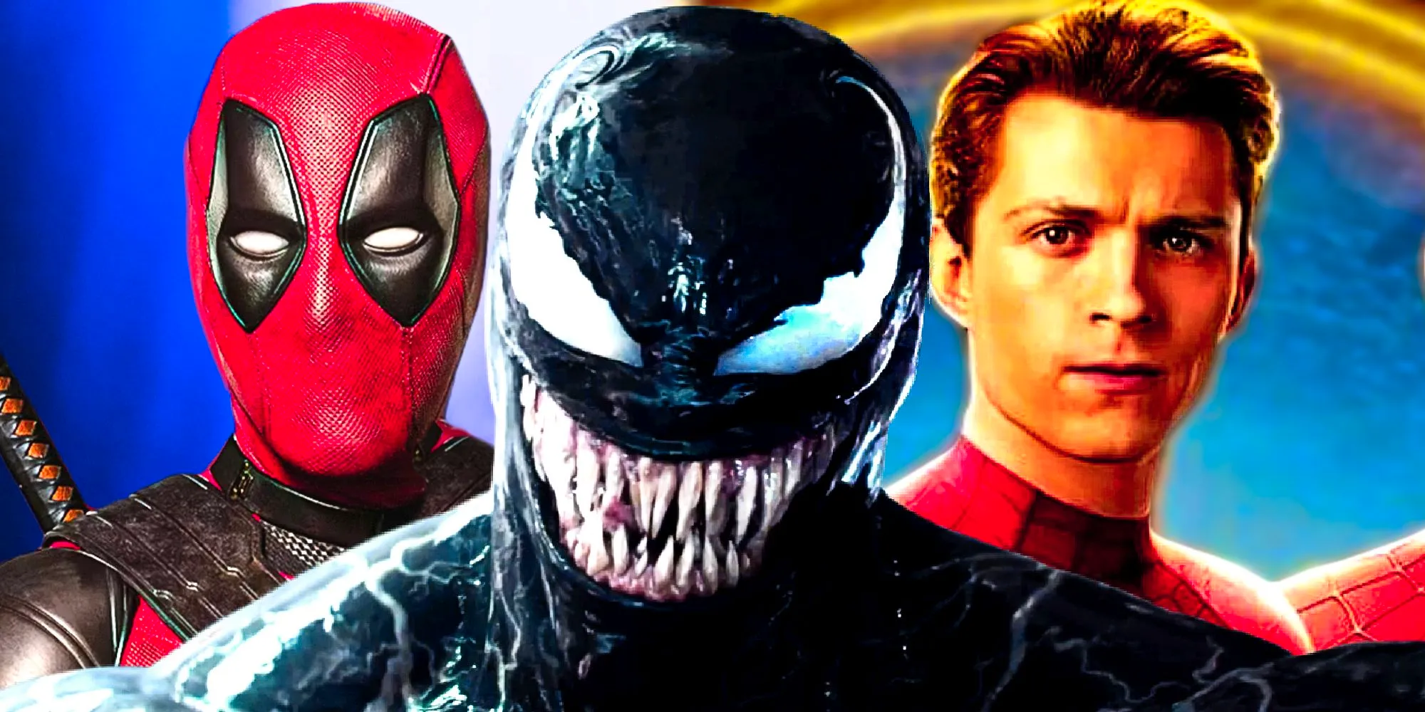 Tom Hardy's Venom smiles in front of Tom Holland's Spider-Man and Ryan Reynolds' Deadpool Image