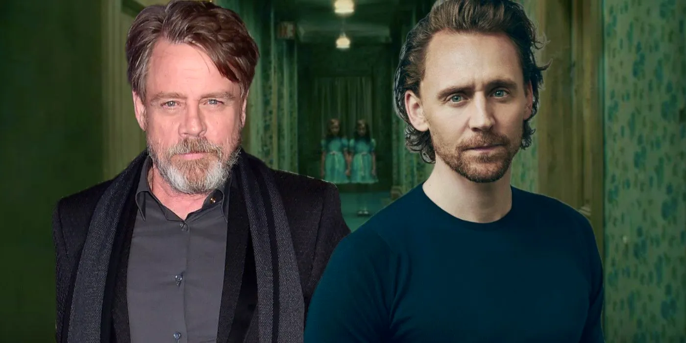 Tom Hiddleston and Mark Hamill stand in front of the Grady twins in Doctor Sleep's hallway scene Image