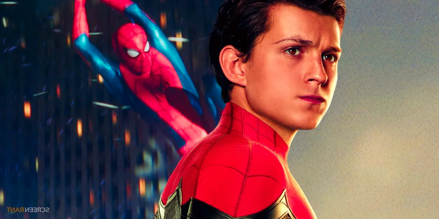 Tom Holland in his Spider-Man suit looking off to the side alongside an image of Spider-Man swinging through the air Image