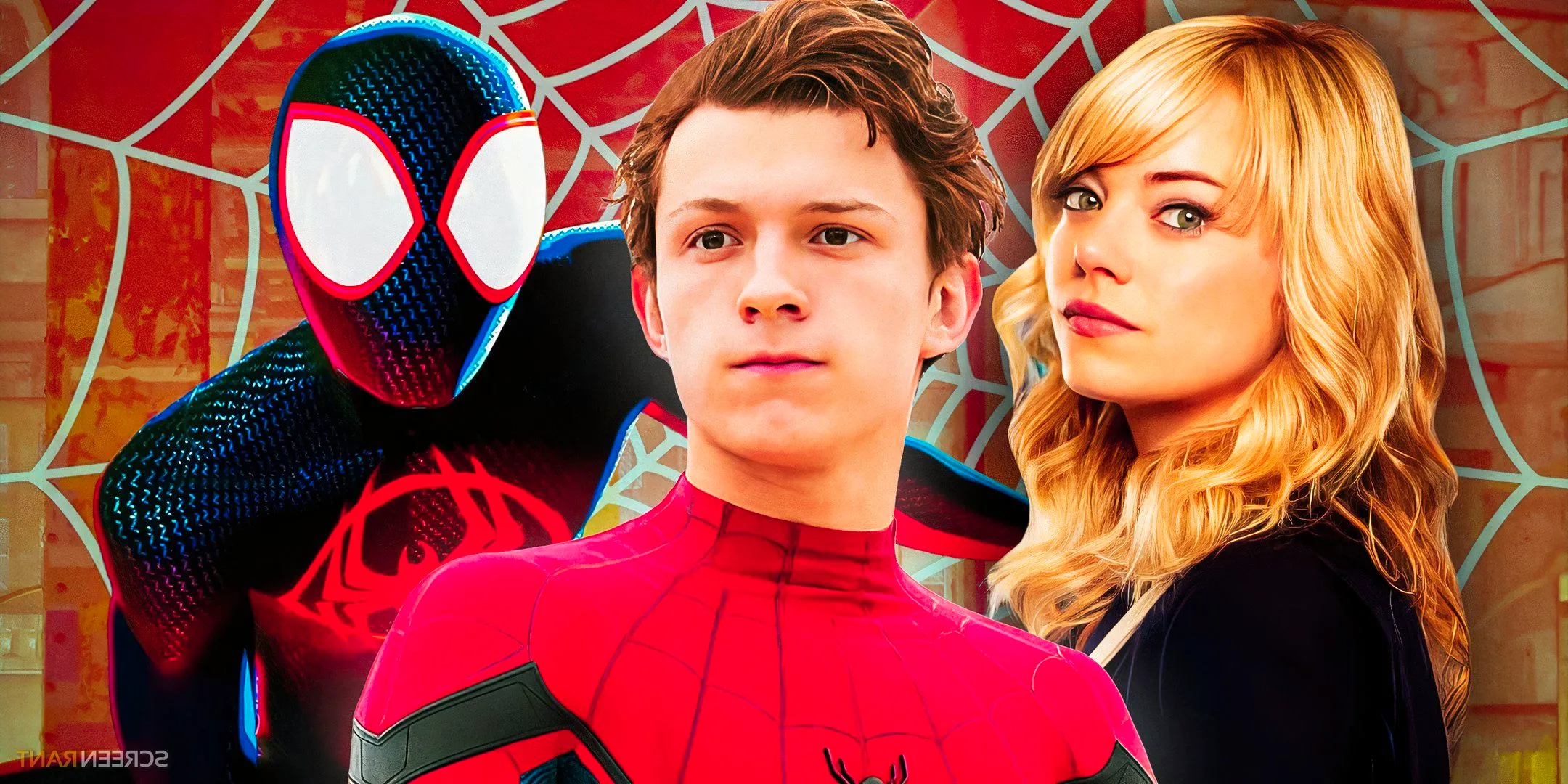 Tom Holland's Peter unmasked in the Spider Man suit in the middle with Emma Stone's Gwen Stacy and the Spider Verse's Miles Morales Image