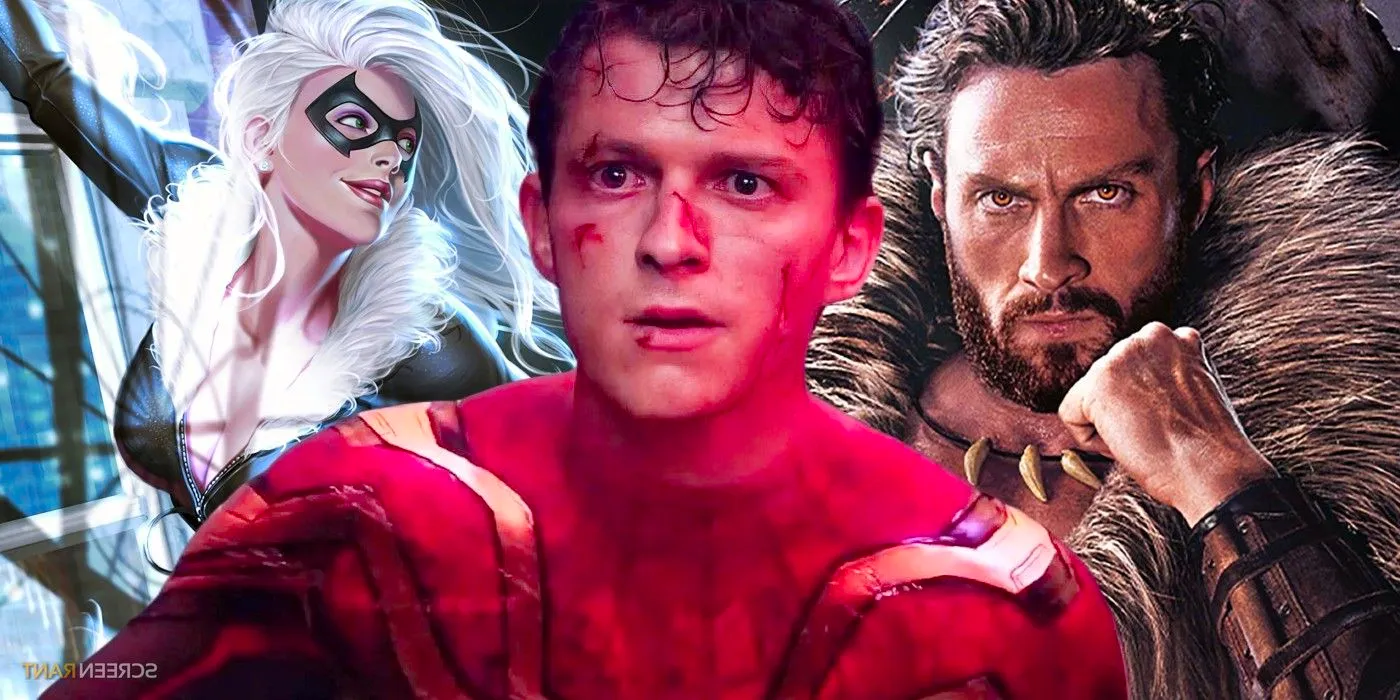 Tom Holland's shocked Spider-Man, Aaron Taylor-Johnson as Kraven the Hunter, and Marvel Comics' Black Cat Image