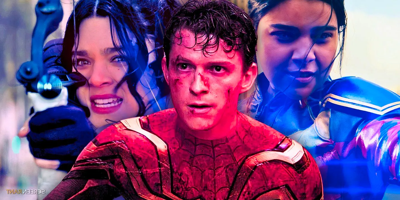 Tom Holland's Spider-Man bruised with Ms. Marvel and Kate Bishop using their powers at each side Image