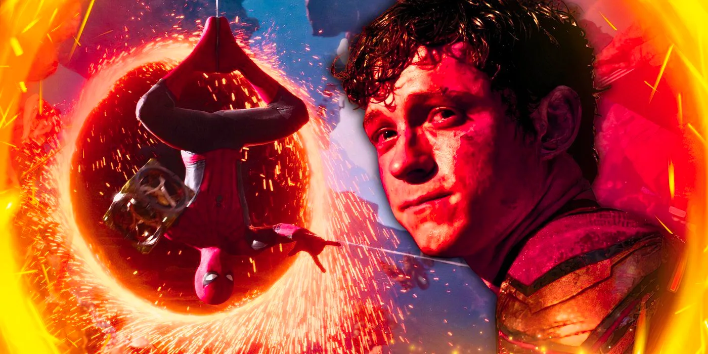 Tom Holland's Spider-Man crying in Spider-Man No Way Home with a Doctor Strange portal Image