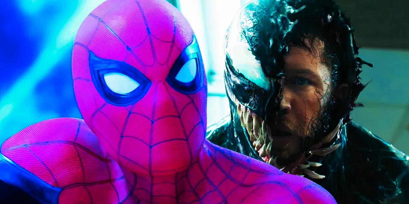 Tom Holland's Spider-Man in Spider-Man Far From with Tom Hardy's Venom in 2018's Venom Image