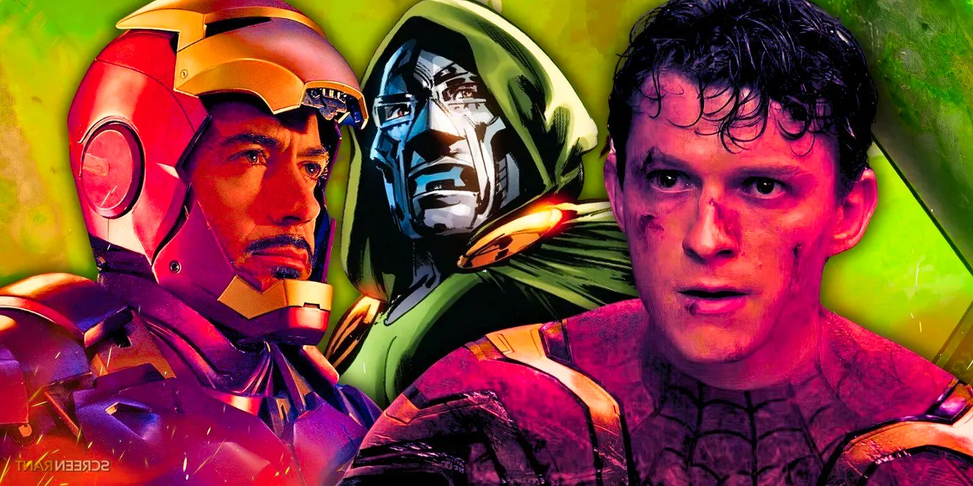 Tom Holland's Spider-Man unmasked in Spider-Man: No Way Home and Robert Downey Jr.'s Iron Man with Marvel Comics 'Doctor Doom in the middle Image