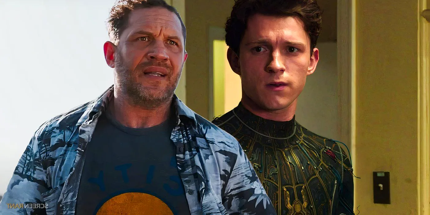 Tom Holland's Spider-Man with a black and gold suit in No Way Home and Tom Hardy's Eddie Brock in Venom: The Last Dance Image