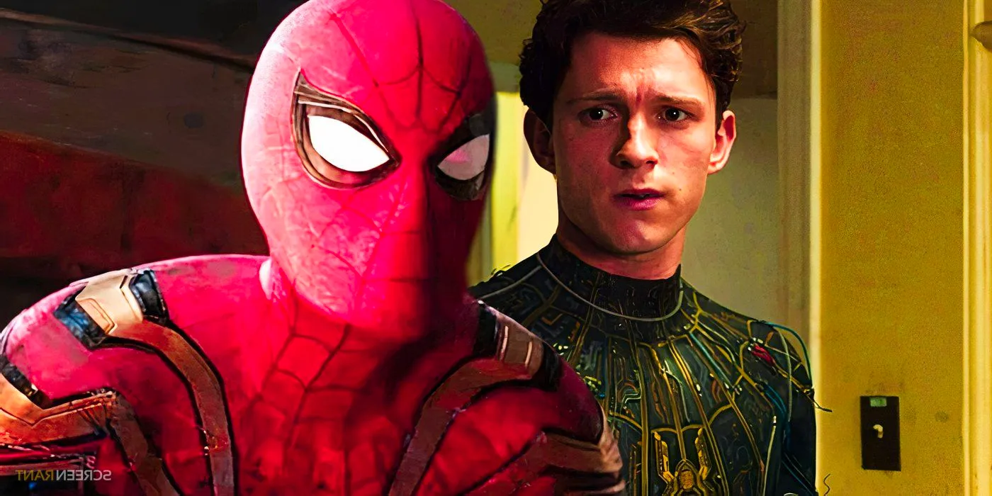 Tom Holland's Spider-Man with the black and gold suit and the red suit in No Way Home Image