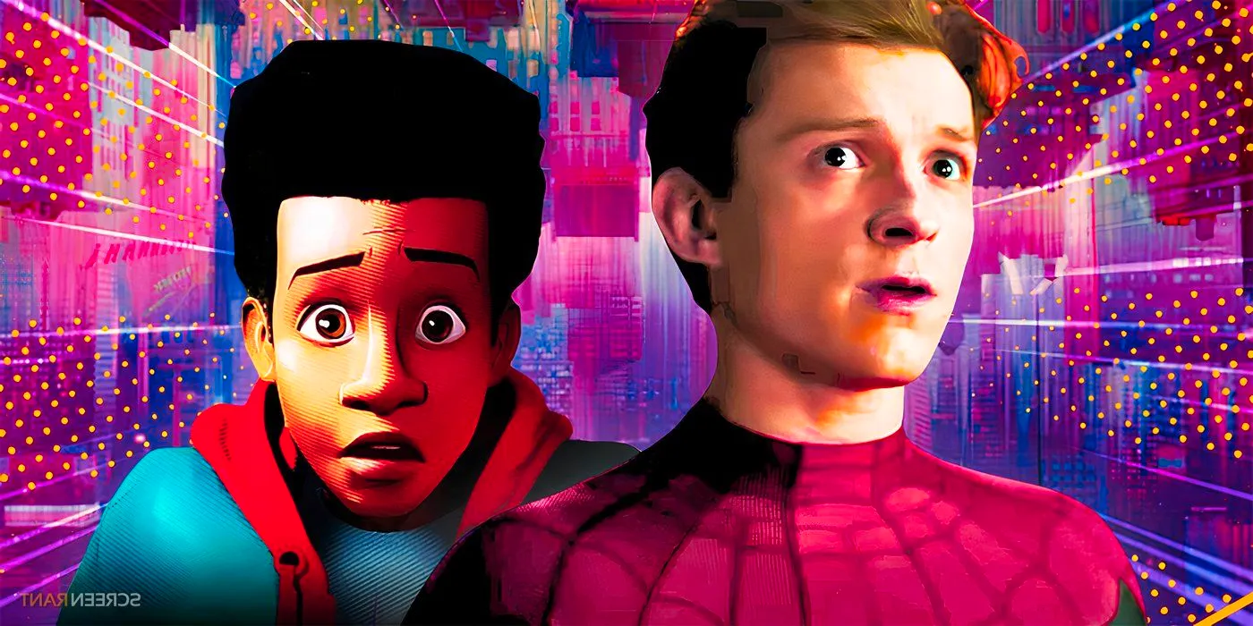 Tom Holland's unmasked Spider-Man and Miles Morales from the Spider-Verse franchise looking shocked Image