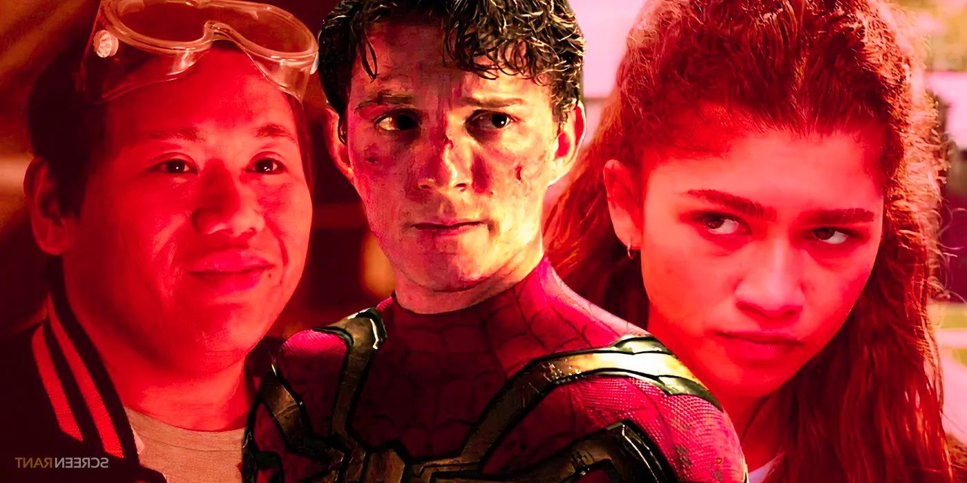 Tom Holland's unmasked Spider-Man with Zendaya's MJ and Jacob Batalon's Ned Leeds on each side in Spider-Man No Way Home Image