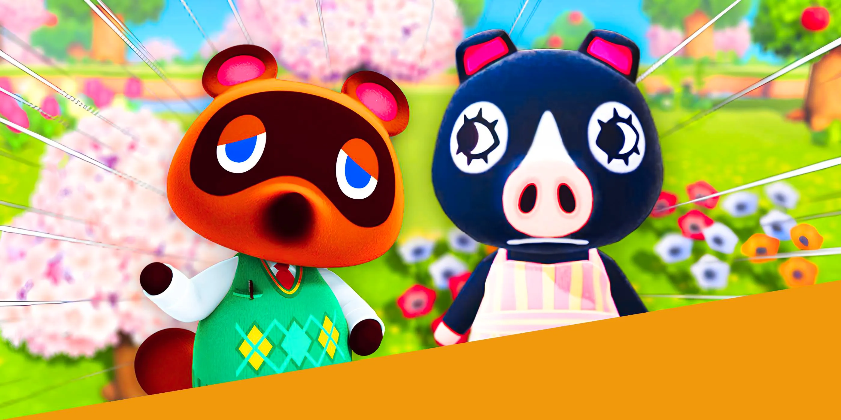 Tom Nook and Animal Crossing Villager in Front of Flowers and Trees-1 Image