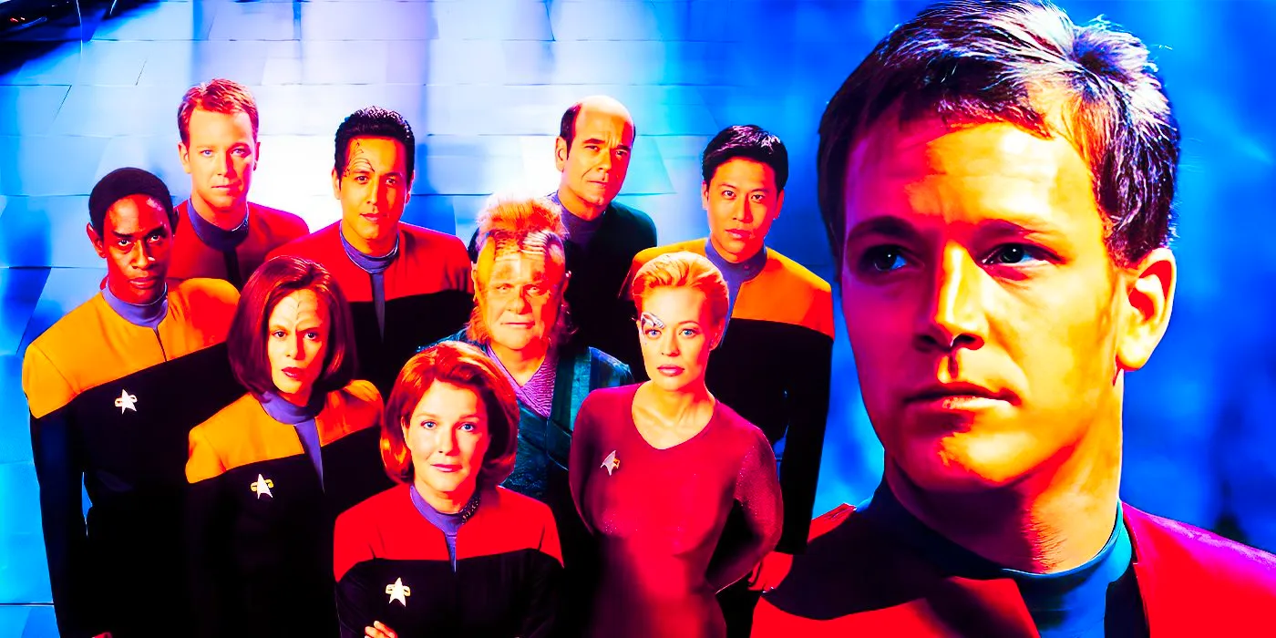 Tom Paris and the Star Trek: Voyager cast. Image