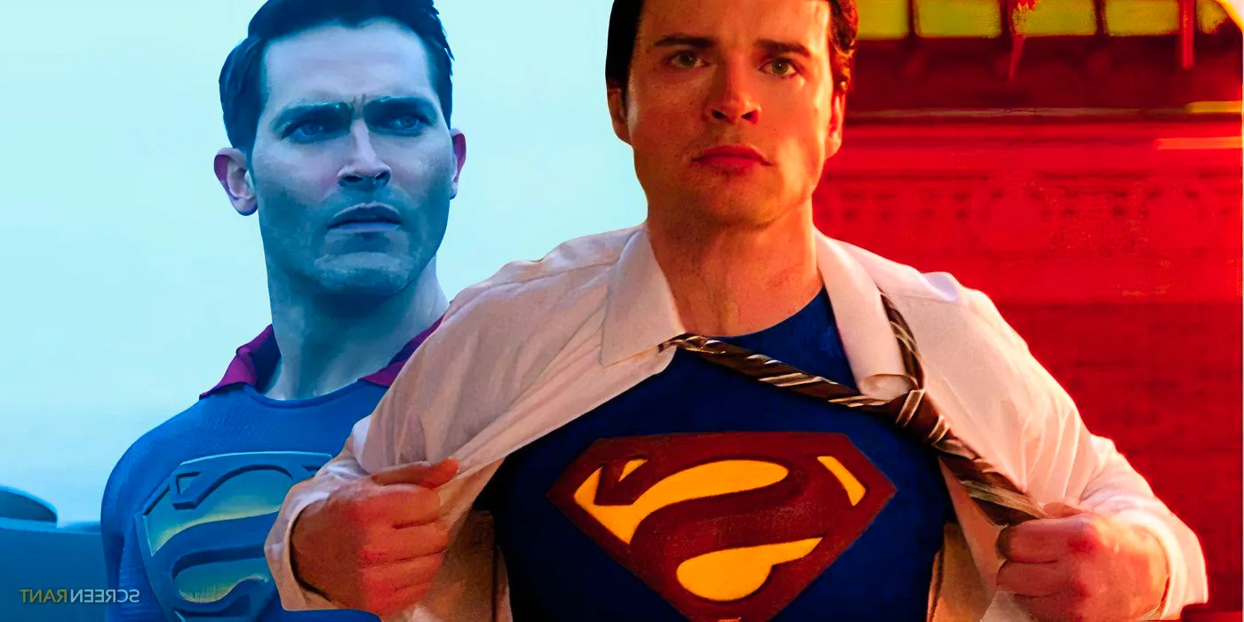 Tom Welling's Clark Kent from Smallville ripping open his shirt to show the Superman suit and Tyler Hoechlin's Superman looking concerned in Superman & Lois Image