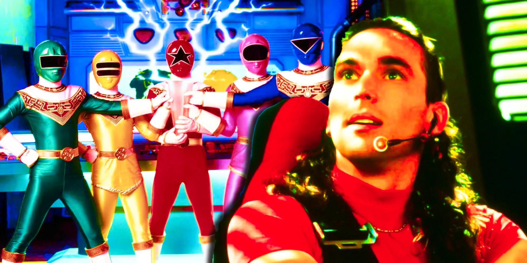 Tommy driving a car in Power Rangers Turbo and the Zeo Power Rangers team Image