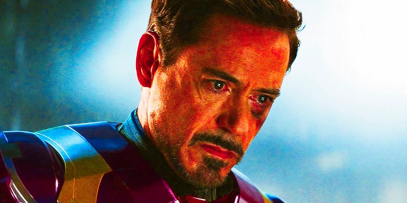 Tony Stark looking sad in the Iron Man suit in the MCU Image