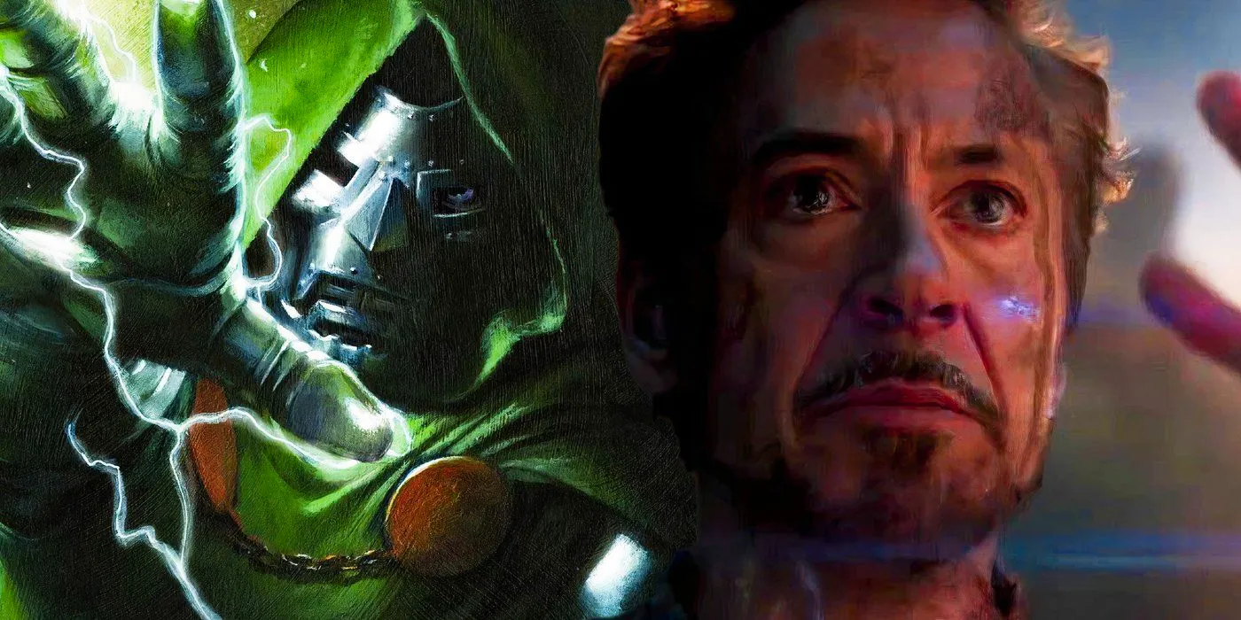 Tony Stark snapping his fingers in Avengers Infinity War with Doctor Doom in Marvel Comics Image