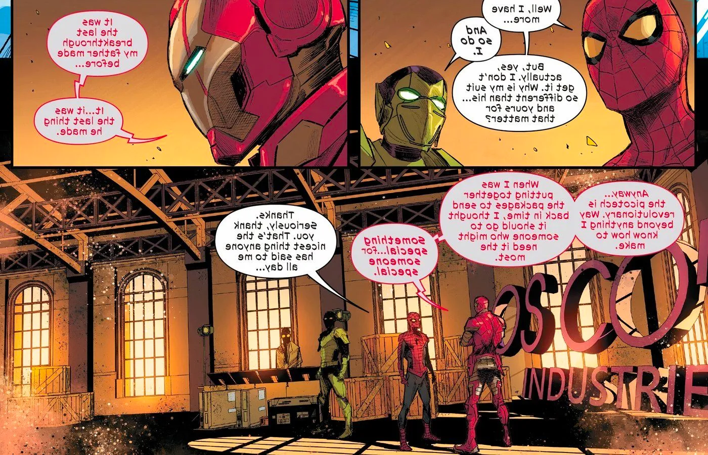 Tony Stark speaking with Spider-Man and the Green Goblin.  Image