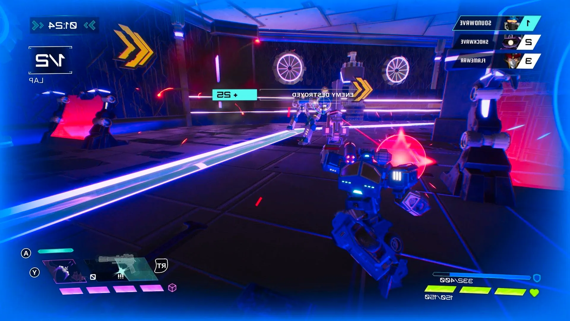 Transformers Galactic Trials combat sequence showing a Transformer aiming a gun at an enemy firing lasers at them, the screen shows the player's vitals and says 