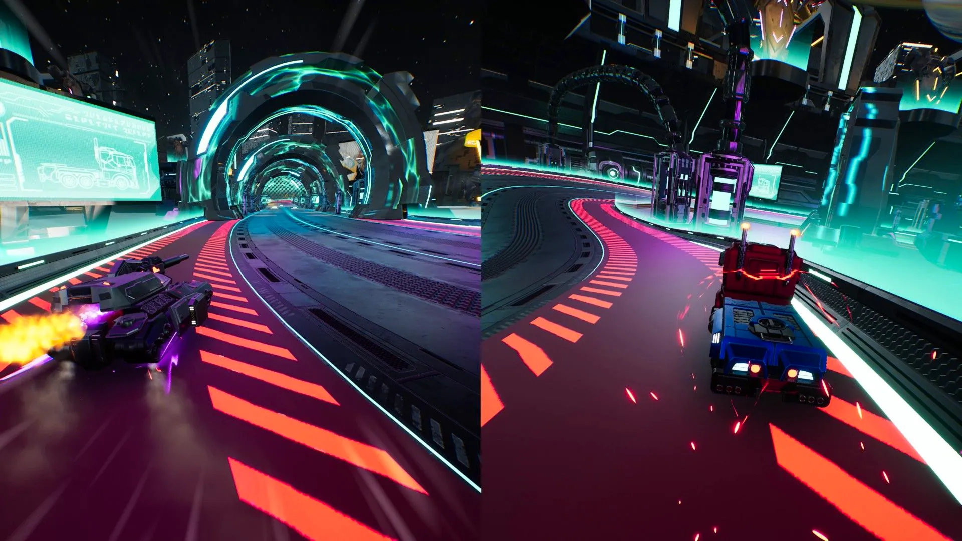 Transformers Galactic Trials Multiplayer screen showing two players racing on a futuristic looking course in a pickup truck-like vehicle and a tank-like vehicle. Image