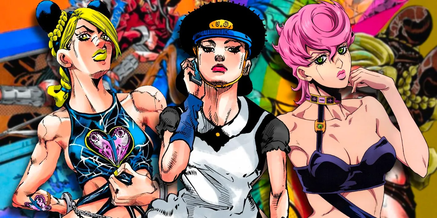 Trish Una, Kei Nijimura, and Jolyne Cujoh from various parts of Jojo's Bizarre Adventure. Image