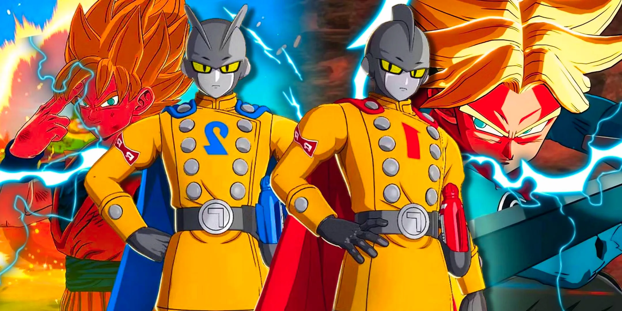 Trunks from Dragon Ball Sparking! Zero on the left, Gamma 1 and Gamma 2 in the middle, and Goku on the right. Image