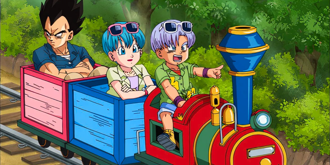 Trunks Vegeta and Bulma riding on a train ride together Image