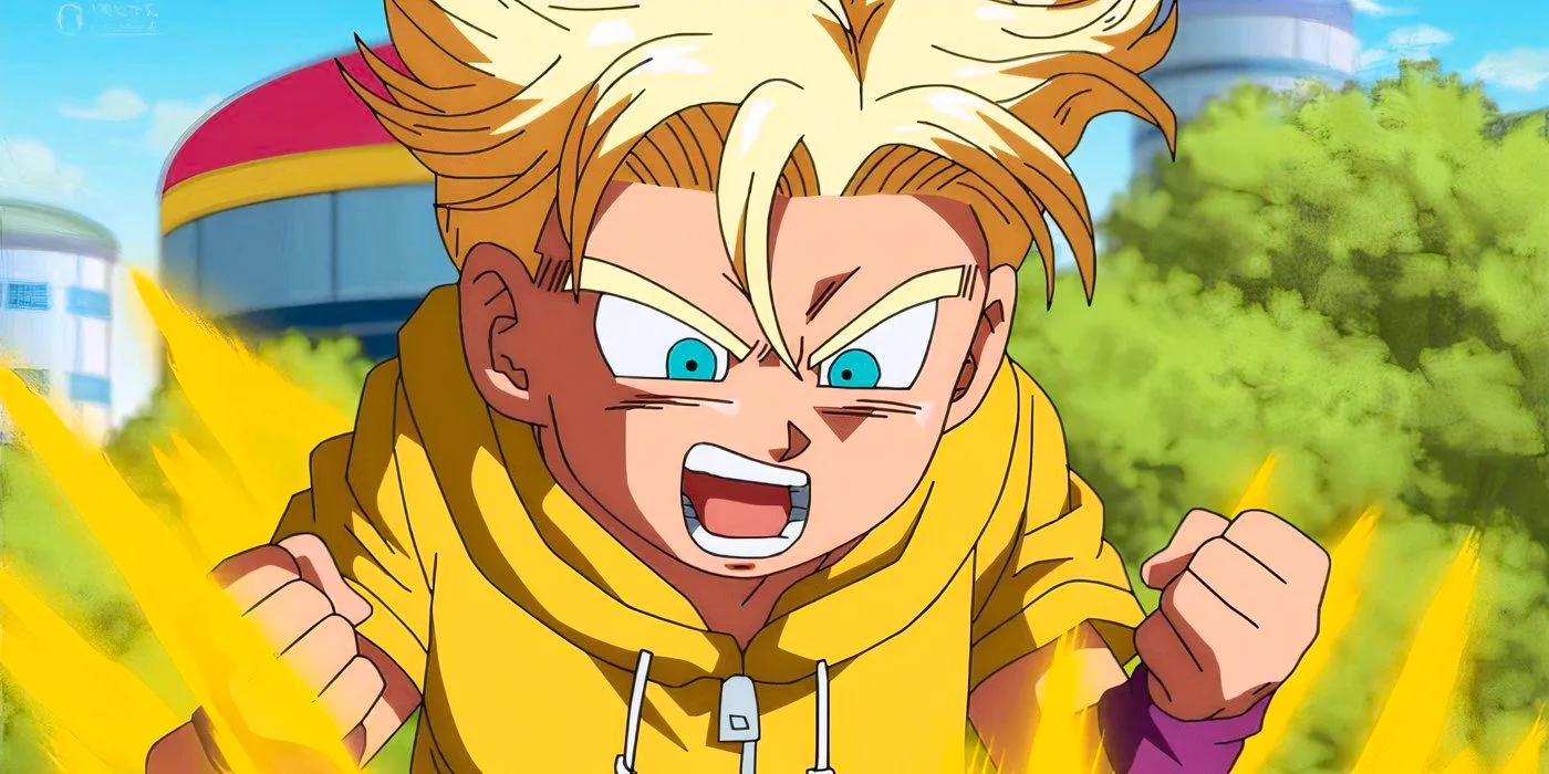 Trunks wears a yellow hoodie and transfroms into a Super Saiyan Image