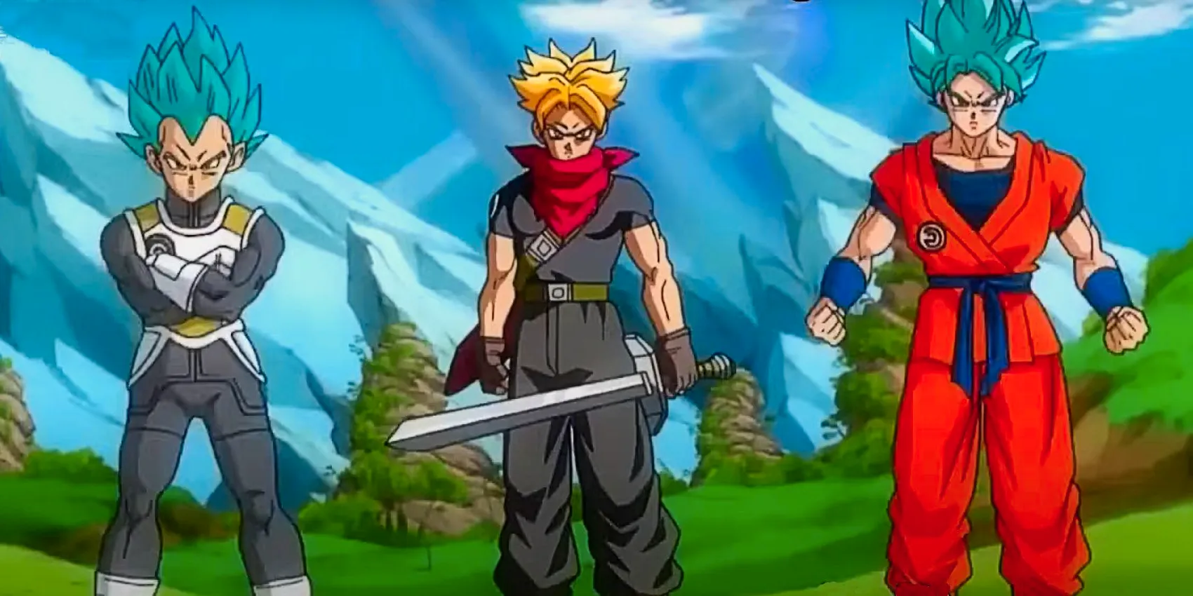 Trunks with Super Saiyan Blue Goku and Vegeta in Super Dragon Ball Heroes Image