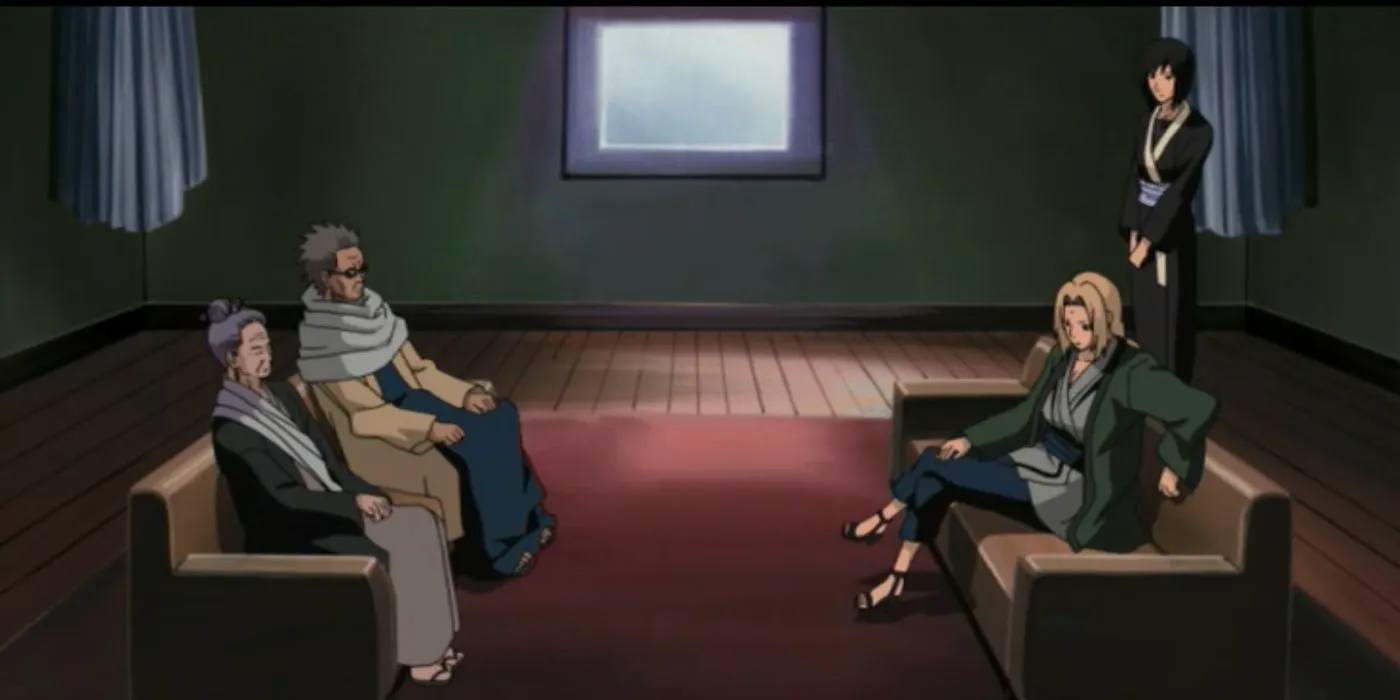 Tsunade speaking with the Elders during her time as Hokage in the original series.  Image