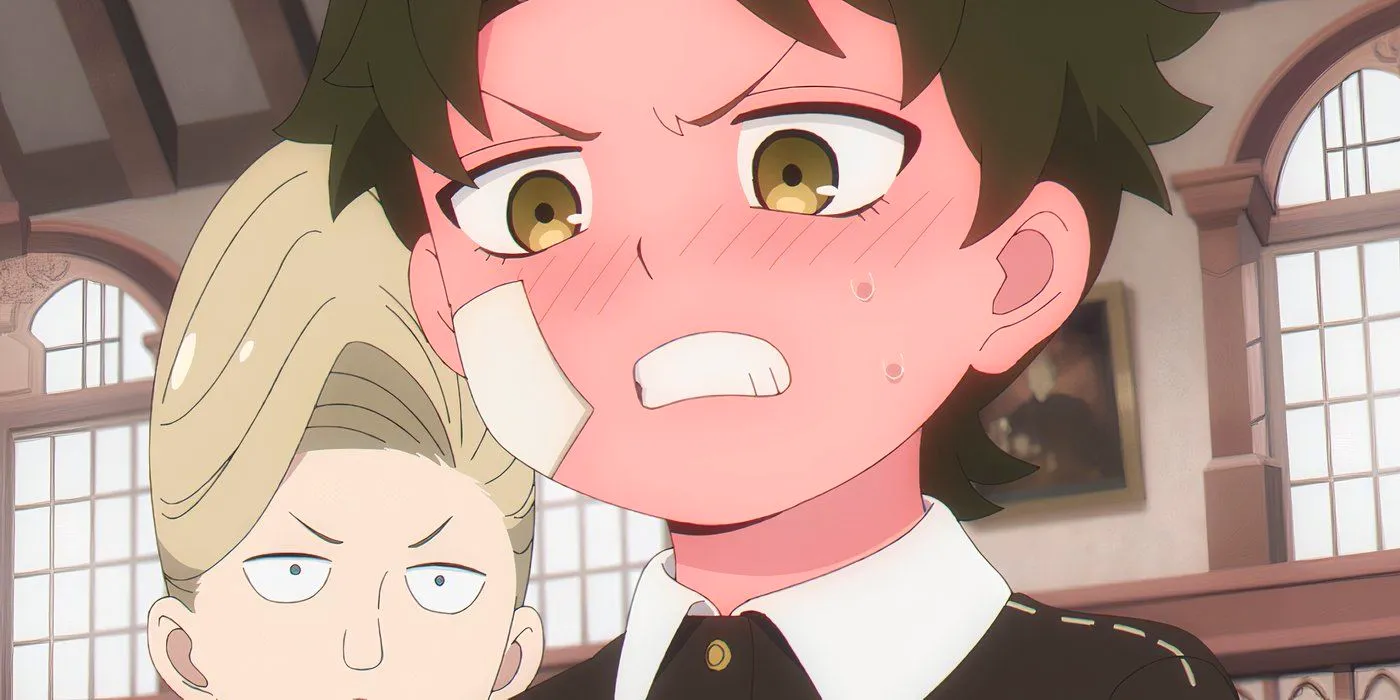 Tsundere Damian Desmond blushing angrily at Anya at school Image